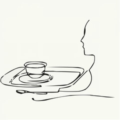 Serving tray with cup of tea in minimalist style on light background  