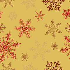 Christmas seamless pattern with large intricate snowflakes in various designs, colored on yellow background.
