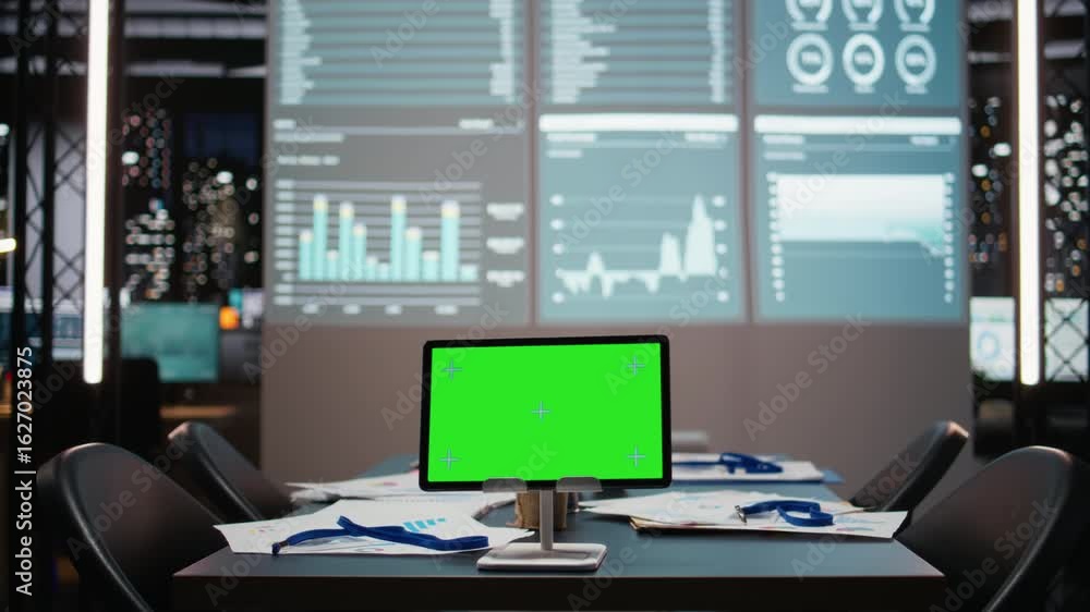 Poster empty office displays tablet with copy space mockup and other visual projections in multinational co