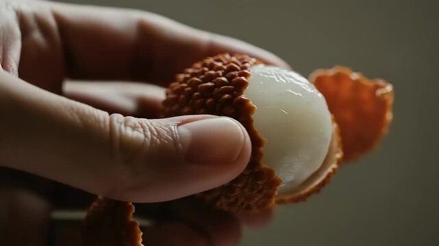 Close-up of a peeled lychee fruit.