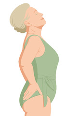 Naklejka premium Confident senior woman in green swimsuit standing in profile, flat style, soft tones, representing body positivity, aging with grace and self-acceptance