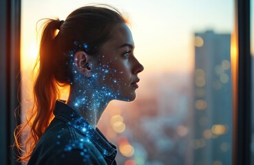 Young woman profile with digital data streams overlay, symbolizing human, technology integration. Features glowing blue particles on face, neck. Sunset background with city lights. Futuristic concept.