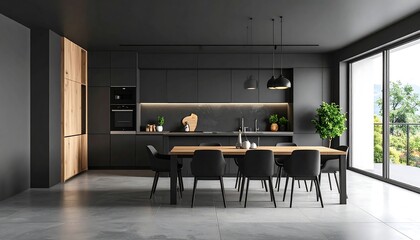 Modern dark kitchen with dining area