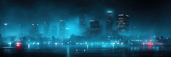 Neon-lit cityscape at night, bathed in a cool blue glow