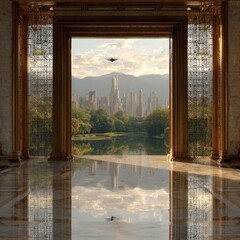 Grand hall overlooking a city park