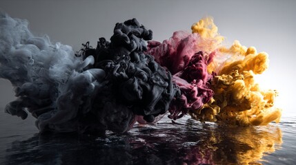 Black pink and gold powder explosion in dramatic motion for abstract artistic photography composition scene concept background visual