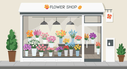 Charming flower shopfront with colorful blooms in pots displayed through large glass window. Vector illustration