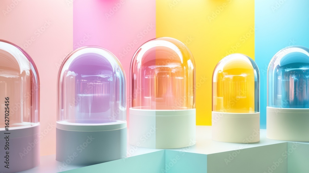 Poster colorful transparent domes displayed on pastel platform with gradient light for futuristic minimal t