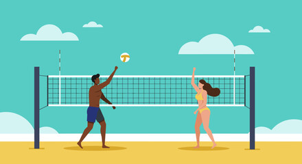Asian female and african male adults playing volleyball on sandy beach with blue sky. Vector illustration