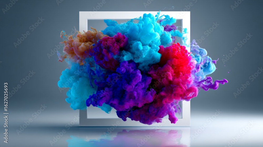 Poster colorful ink clouds in floating frame on white wall for abstract conceptual product display and bran