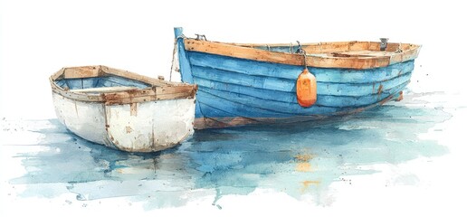Watercolor painting of two weathered fishing boats