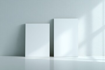Two blank canvases against a light blue wall, sunlit