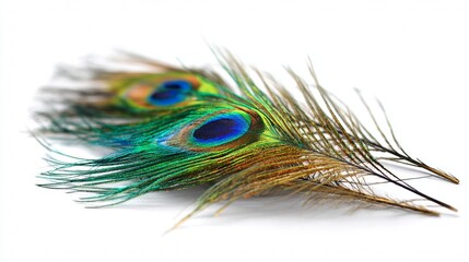 Obraz premium Closeup macro shot of vibrant green blue peacock feather on white surface for nature abstract product scene