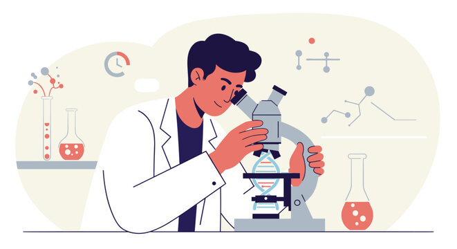Young hispanic male scientist examining dna under microscope in laboratory. Vector illustration