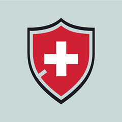 Obraz premium Clean and modern vector red shield with white cross vector logo for healthcare and protection