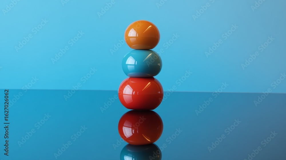 Poster colorful round spheres stacked vertically on glossy surface for geometric abstract concept compositi
