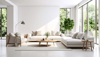 Modern minimalist living room with large windows