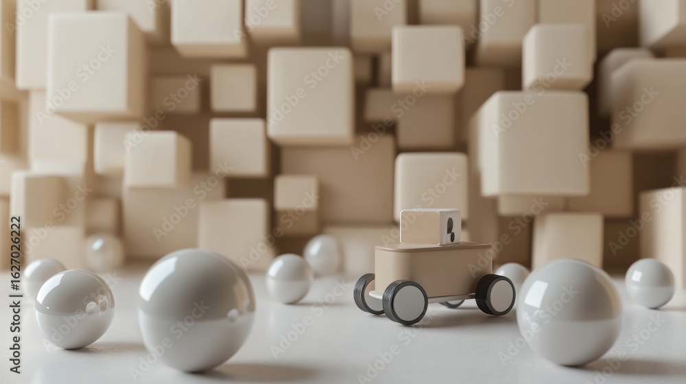 Poster abstract cubes and spheres with central floating box for modern surreal 3d composition digital brand