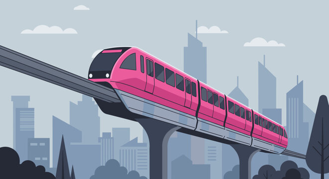Modern pink monorail traveling through urban skyline with skyscrapers in background. Vector illustration