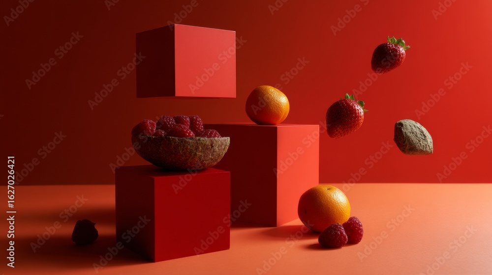 Poster red cubes with floating fruits in surreal digital composition for abstract food design background pr