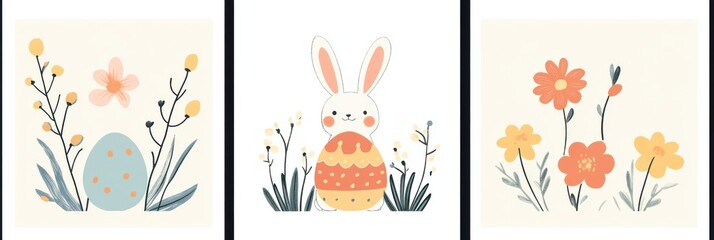 Set of adorable Easter card illustrations featuring eggs, flowers, and bunny designs