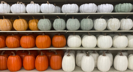 A retail display of decorative pumpkins of different colors for Fall festivals and Thanksgiving
