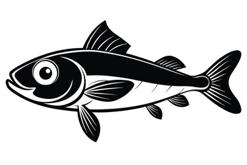 Stylized black and white fish swims horizontally rightward