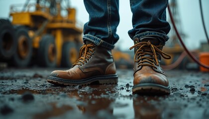 Worker stands in oil drilling field with sturdy brown boots, denim pants. Heavy machinery visible in blurred background. Ground wet, reflects scene, suggesting outdoor work in industrial conditions.