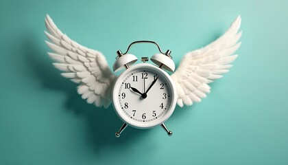 Creative illustration of white alarm clock with white angel wings flying against pastel teal background. Time flies concept, effective time management, business deadline reminder, leisure free time.