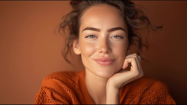 Pretty 30 years old woman, smiling and looking at the camera, orange background, autumn theme