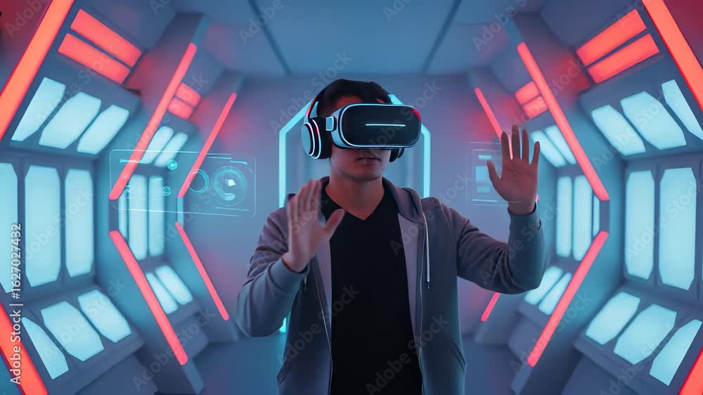 Poster engaging experience with futuristic vr headset in high-tech environment while exploring new virtual 
