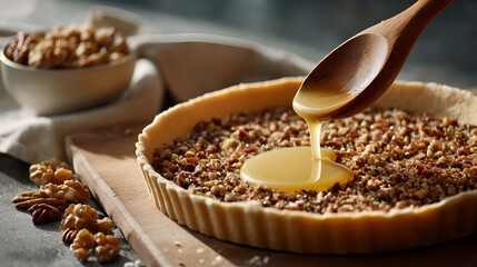 Nutty pie filling with caramel drizzle from a spoon onto a pie shell on a wooden board with walnuts.