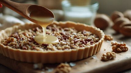 Nutty dessert delight: A wooden spoon drizzles caramel over a pecan tart, a sweet treat on display.
