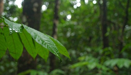 Close-up of wet leaves in a rainforest