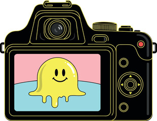 Vector art of black digital camera with screen displaying a happy yellow blob character, isolated on white background transparent background