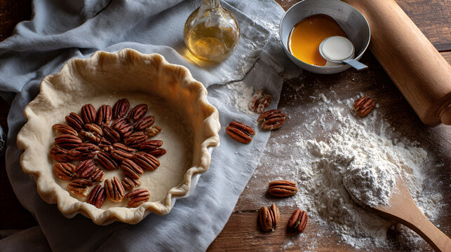 Pecan pie preparation: Crust filled with pecans, ready for baking on wooden table. Baking scene.