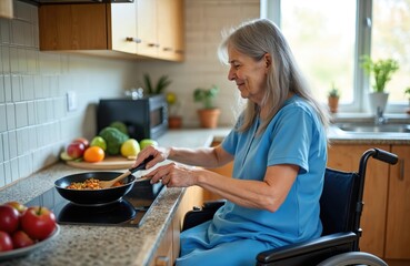 Mature woman in wheelchair skillfully prepares meal in home kitchen. Uses frying pan on stove, embodying independence, determination in domestic life. Culinary activity highlights resilience,