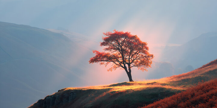 Sunlight shining around lonely tree on ridge
