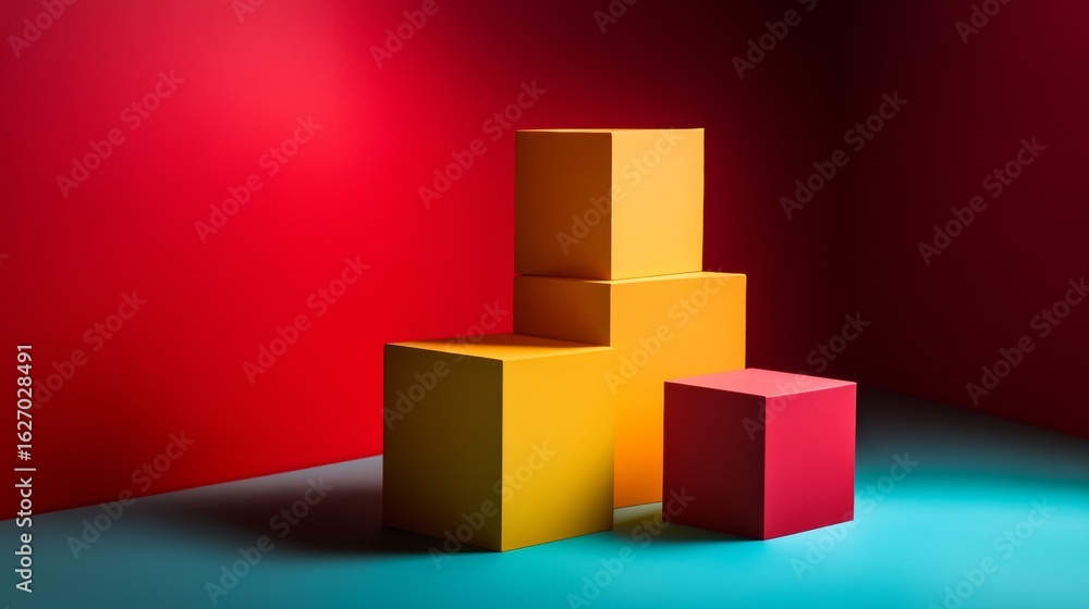 Poster stacked yellow and red cubes on cyan floor with studio background for abstract branding photography 