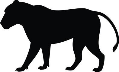 Silhouette features a single black lioness gracefully walking on the white background