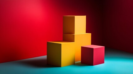 Obraz premium Stacked yellow and red cubes on cyan floor with studio background for abstract branding photography scene