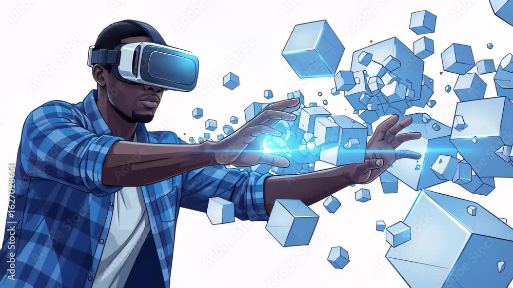 Poster interactive experience with virtual reality headset as user engages with digital elements