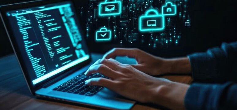 Hands typing on laptop, code visible, security icons overlay
