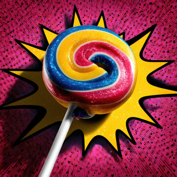 A vibrant lollipop with a swirl of colors, set against a bold, comic-style background, creating a playful and energetic visual effect.