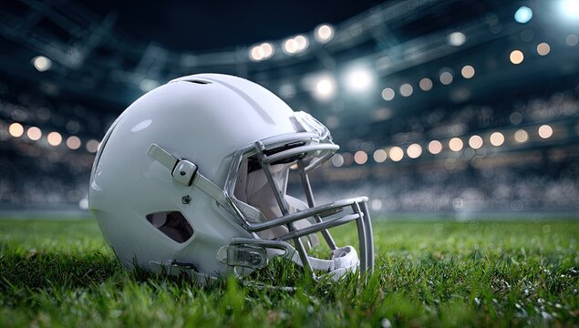 White football helmet rests on a grassy field, stadium lights in background