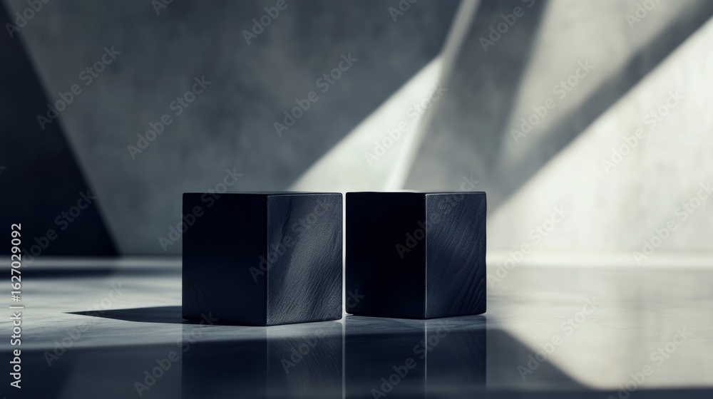 Poster two black glossy cubes with shadows in minimal setting for product concept branding photography abst
