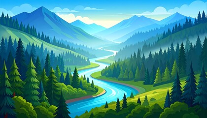 Scenic valley with winding river. Lush forests and mountains