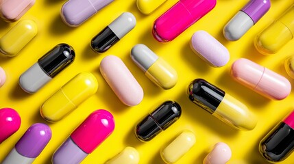 Colorful medicine capsules and tablets scattered for pharmaceutical health branding photography vibrant product scene