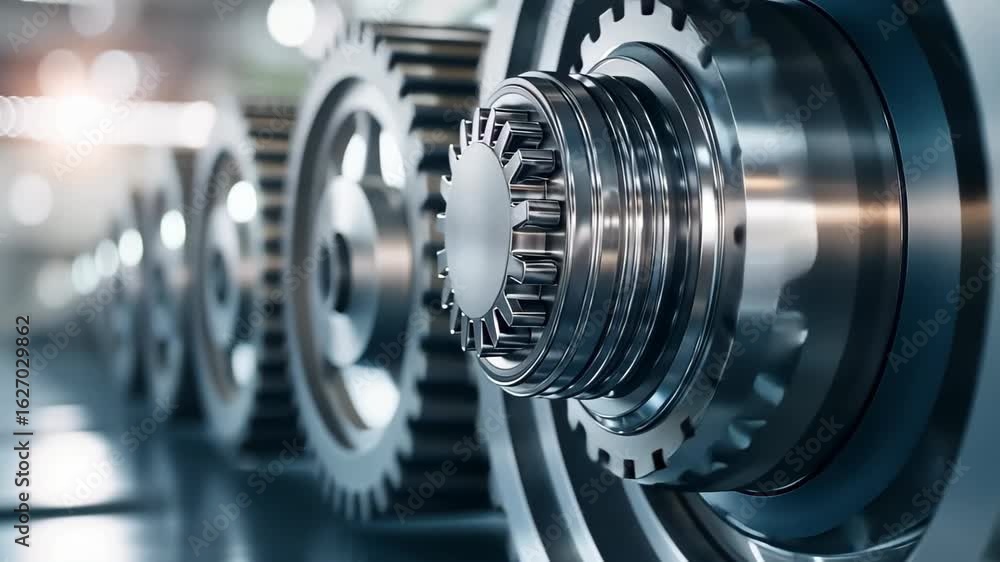 Poster industrial gears in motion: a detailed image showcases an array of metallic gears, interlocked in a 