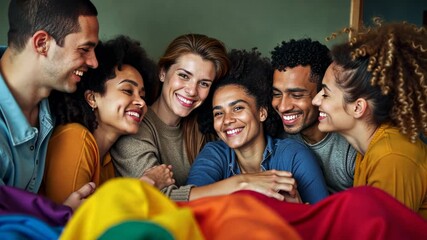 lgbt, pride celebration, community support. Social unity. Friends laugh around rainbow flag. Inclusion boosts individual confidence. Diverse group shares meaningful connection.